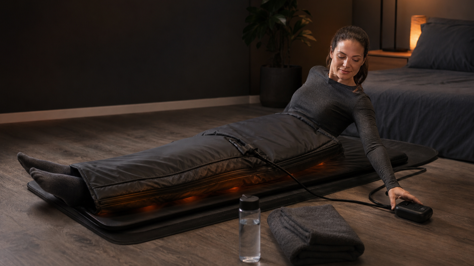 Woman in long cotton clothing beginning a sauna blanket session with the controller, water, and towels within reach