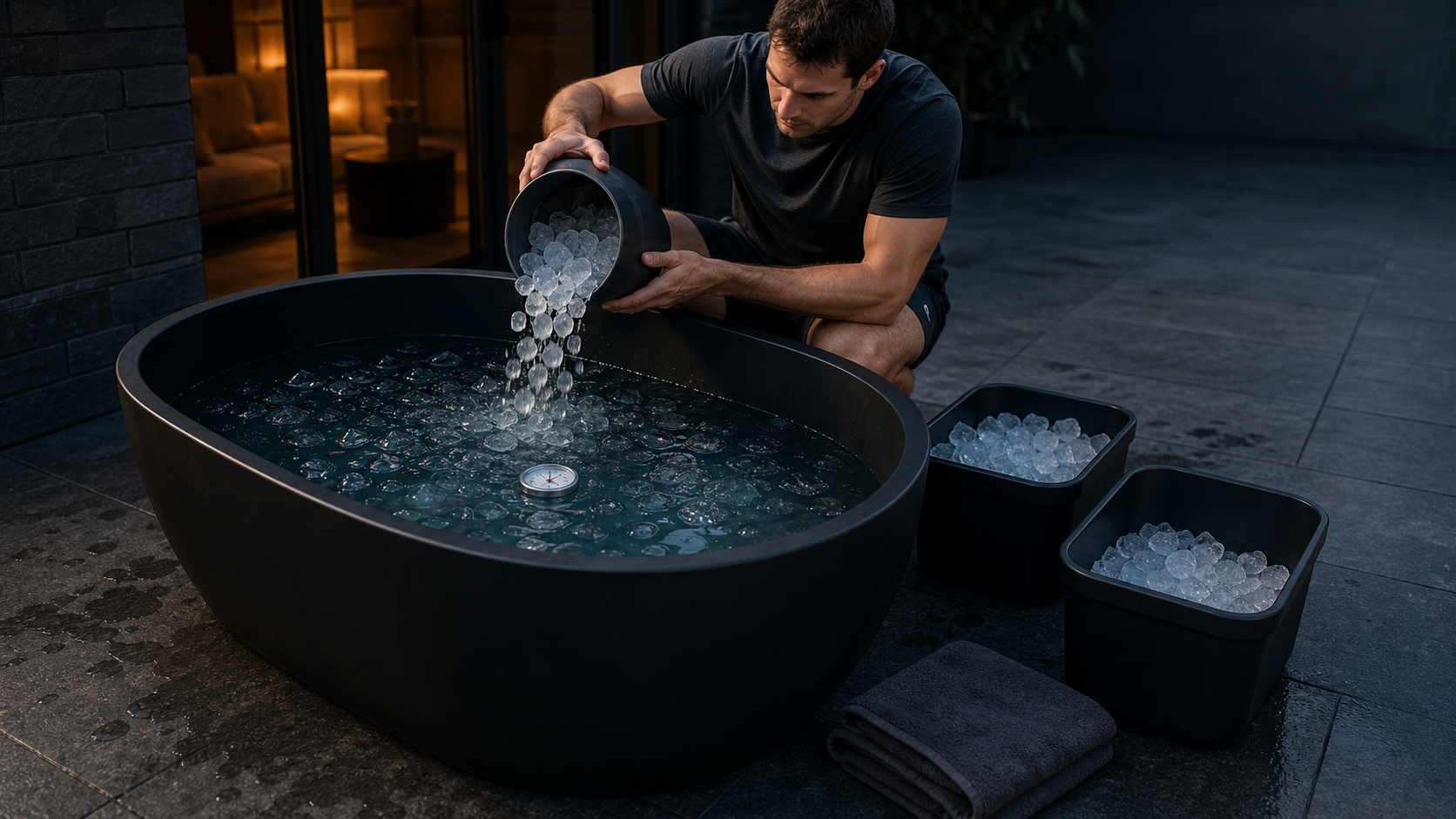 Man pouring ice from a plain bucket into a black cold plunge beside two ice bins and a floating thermometer