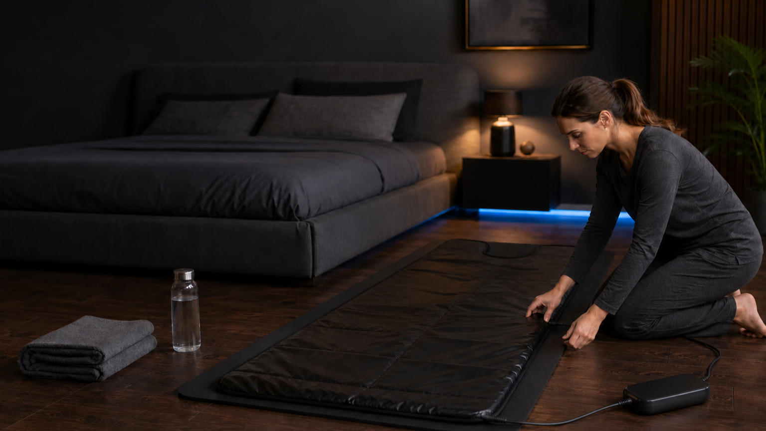 Woman arranging an infrared sauna blanket on a firm floor mat beside a dark bed