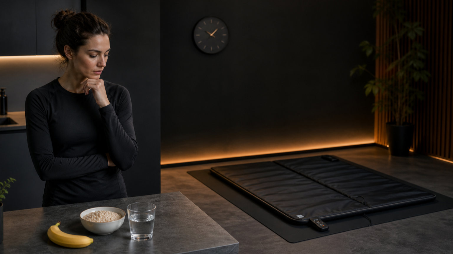 Woman considering a banana and oatmeal beside a sauna blanket laid flat in a dark home recovery room