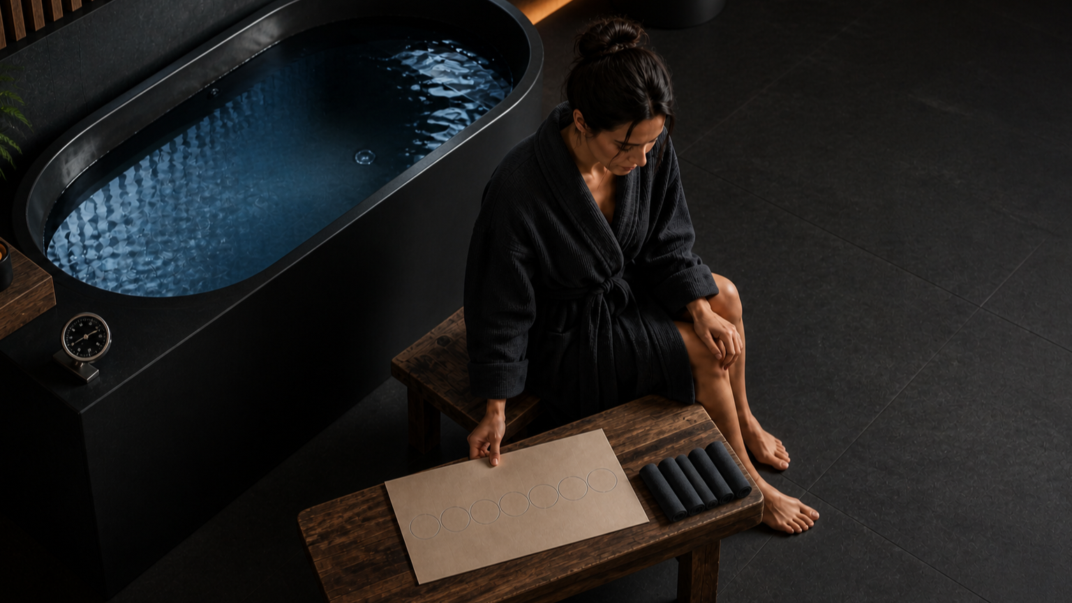 Woman in a charcoal robe reviewing a blank weekly planner beside a blue-water cold plunge in a dark recovery room