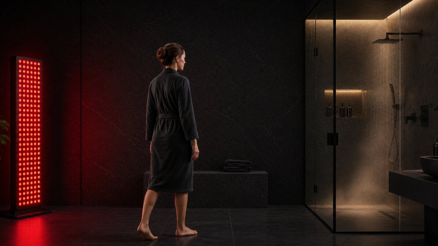 Woman in a charcoal robe walking from a glowing red light panel toward a glass shower in a dark recovery bathroom