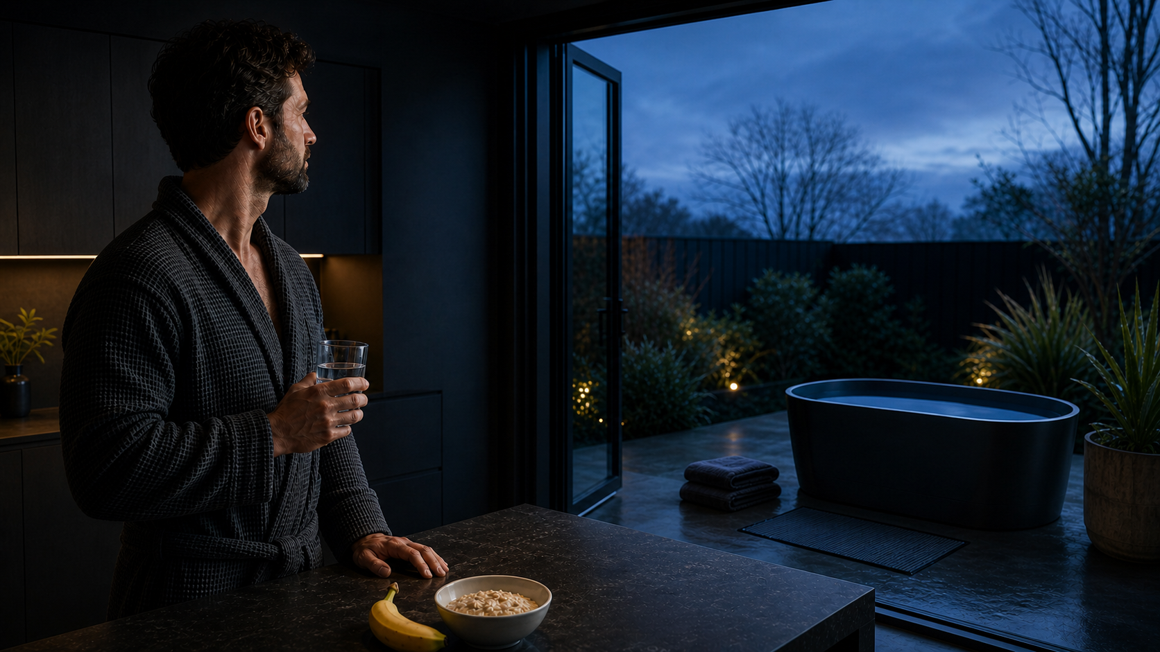 Man in a charcoal robe holding water beside an untouched banana and oatmeal while looking toward a blue-water cold plunge on a predawn patio