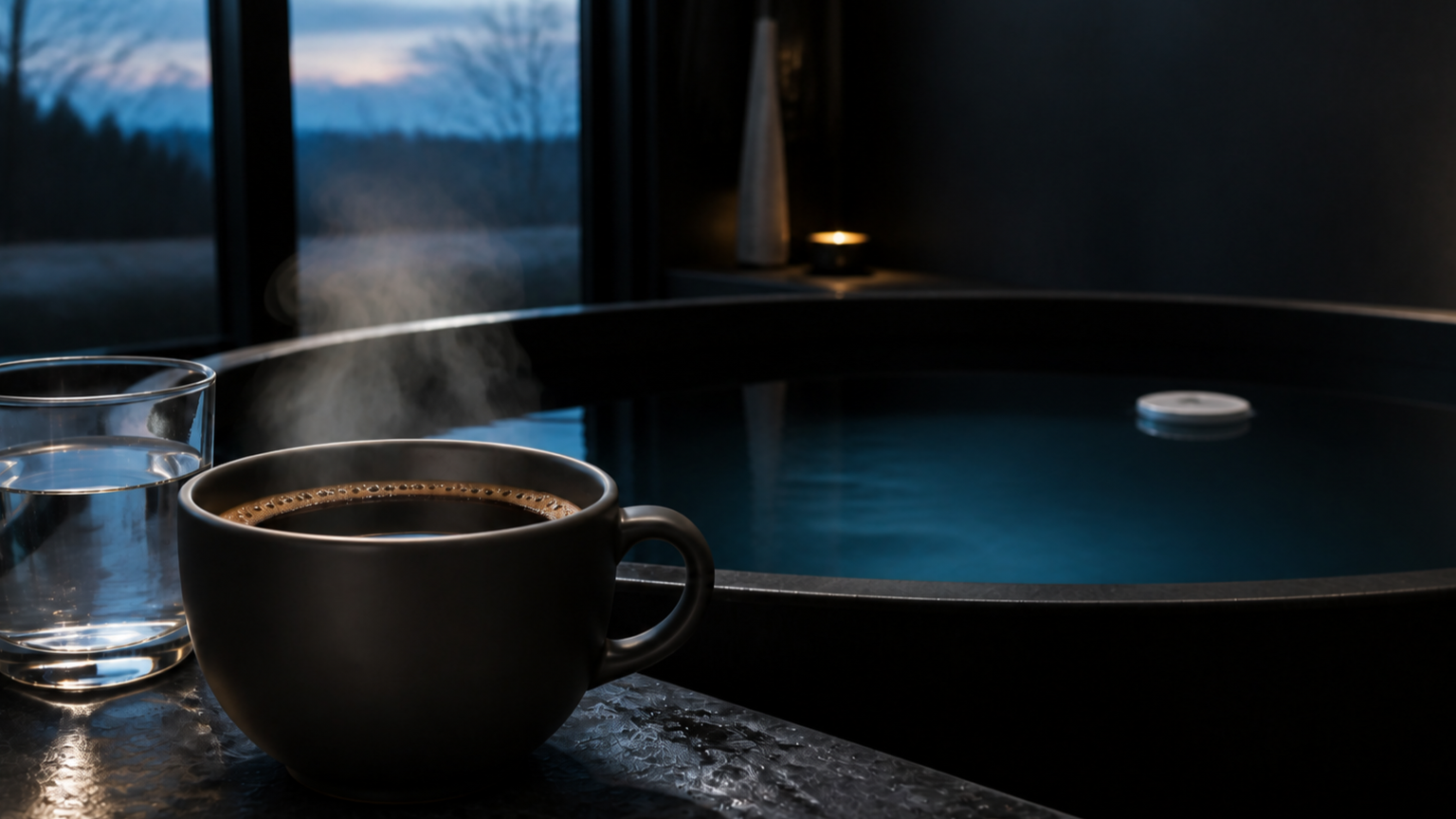 Steaming charcoal coffee cup and clear water glass on a dark stone ledge with a blue-water cold plunge in the background