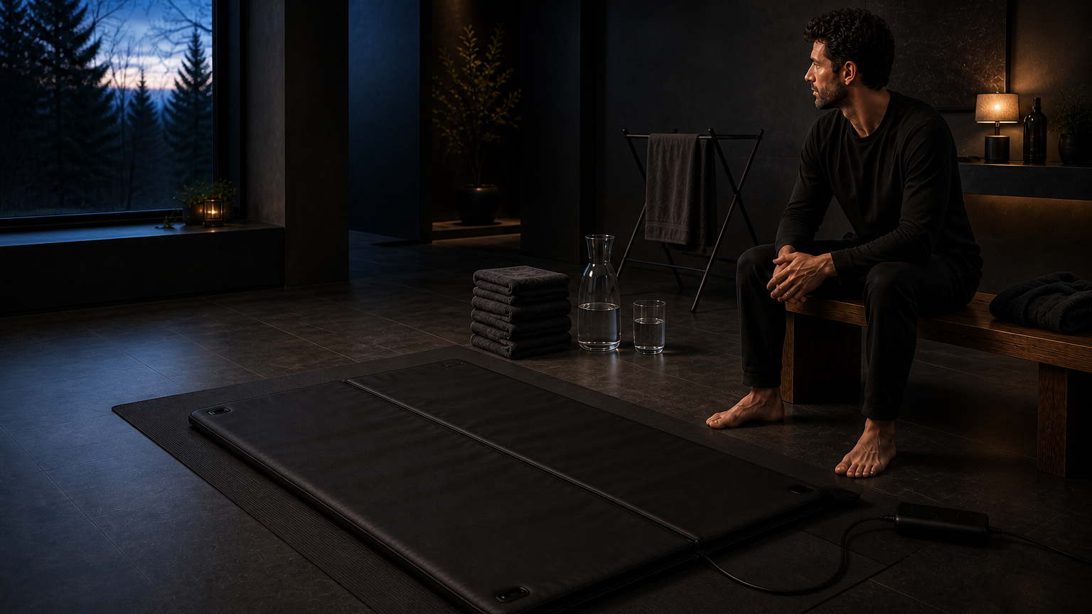 Man considering a daily sauna blanket session beside an open blanket, water, folded towels, and a drying rack