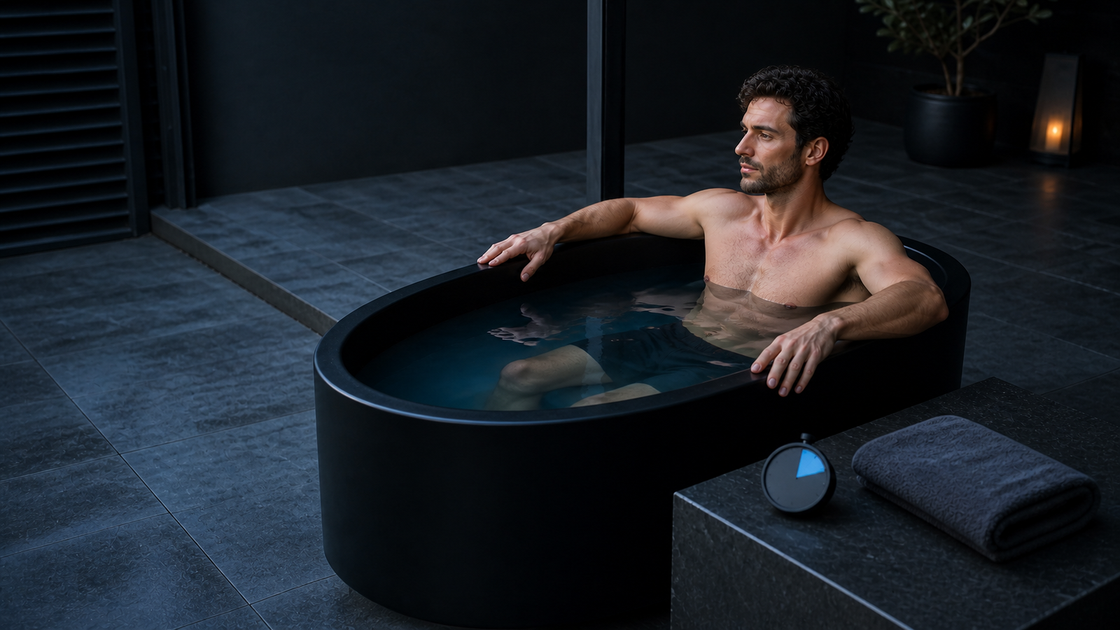 Beginner seated upright in a black cold plunge beside an analog interval timer and folded towel in a dark outdoor courtyard