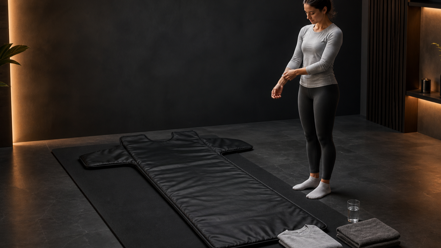 Beginner in long cotton layers adjusting a sleeve beside an open black sauna blanket, folded towel, spare shirt, and water