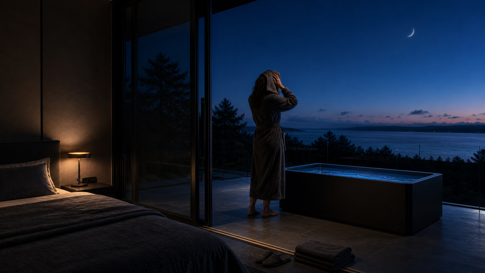Robe-wearing beginner drying their hair beside a blue-water cold plunge on a twilight patio next to a warm, turned-down bedroom