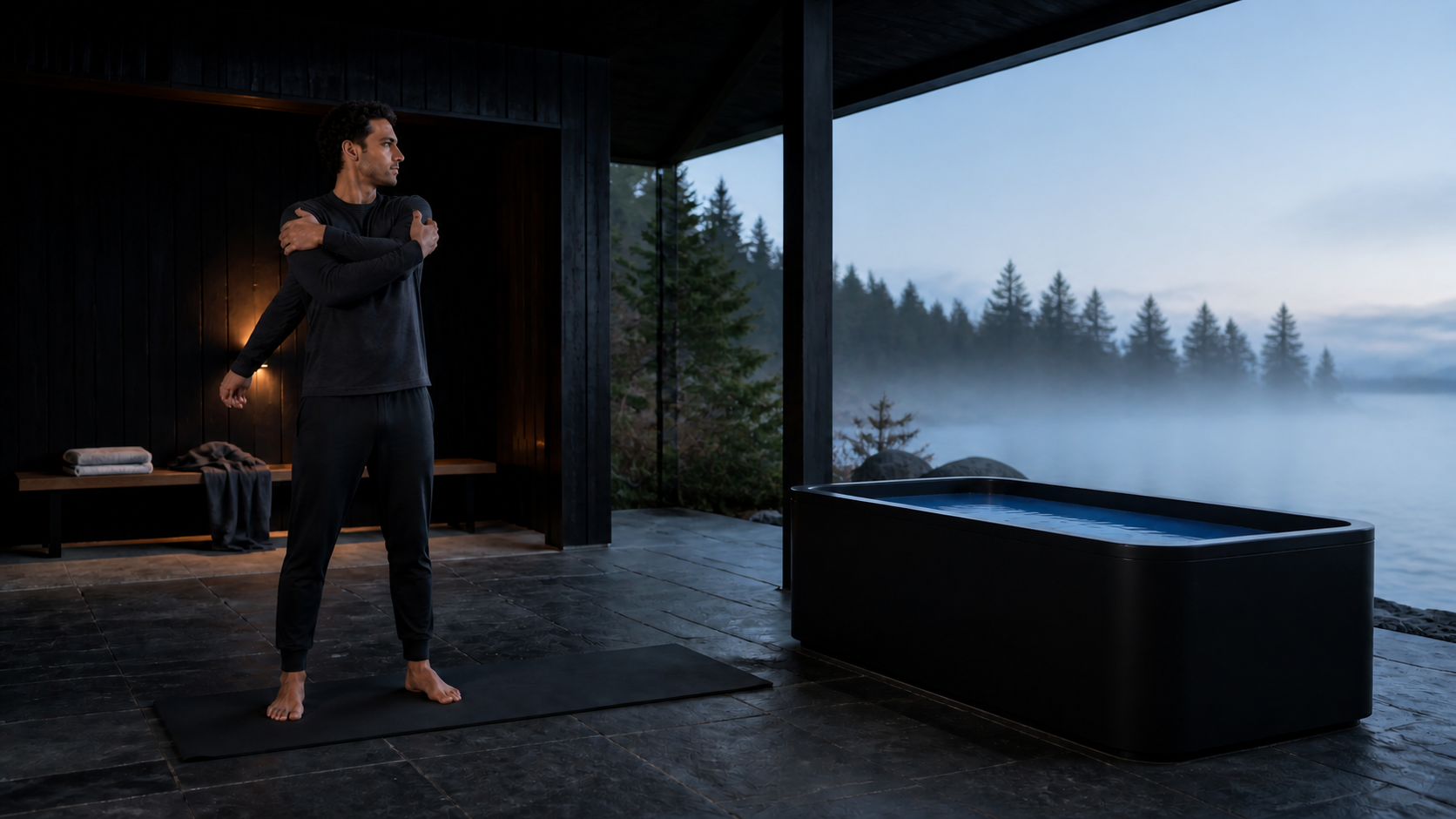 Adult in charcoal athletic layers doing a gentle standing warm-up beside a blue-water cold plunge in an open-air dawn pavilion