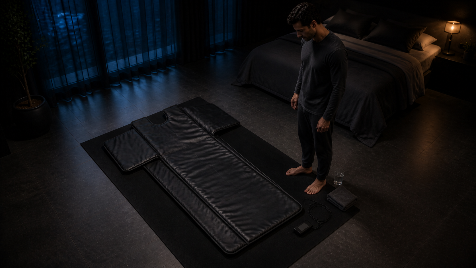 Adult in dark sleepwear standing beside an open sauna blanket in a moonlit bedroom recovery alcove