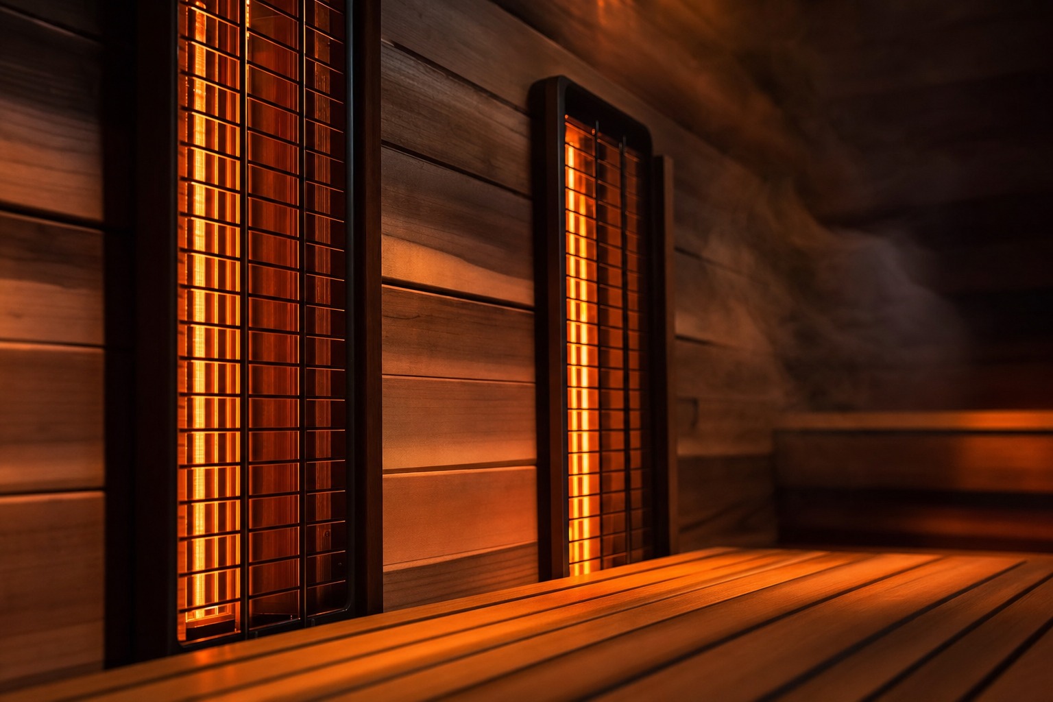 Infrared sauna interior glowing warm amber light with dark wood panels